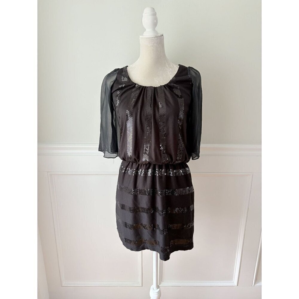Black Sequin Blouson Dress With Sheer Sleeves By Collective Concepts  S